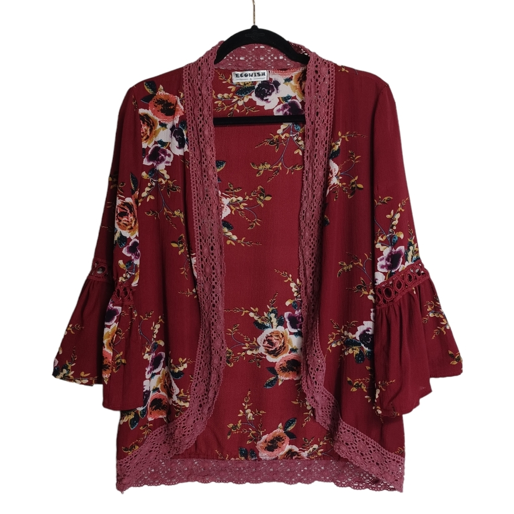ECOWISH Burgundy Colorful Floral Print Crochet Lace Bell Flare Sleeve Shawl S